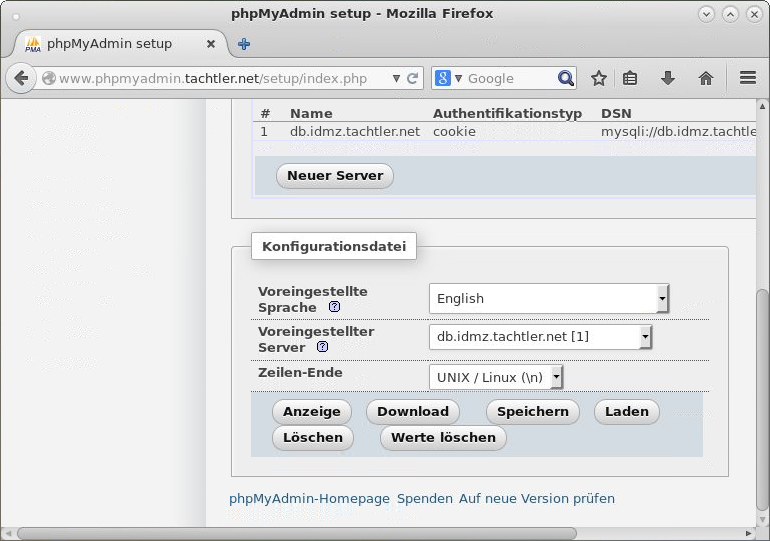 phpMyAdmin - Setup - Neuer Server - Konfigurationsdatei - Erzeugen