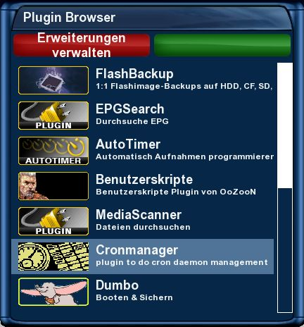 Dreambox DM7025+ - Hauptmenü - Erweiterungen - Plugin Browser - CronManager