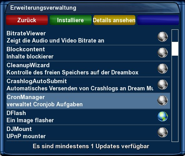 Dreambox DM7025+ - Hauptmenü - Erweiterungen - Plugin Browser - Erweiterungsverwaltung - System - CronManager