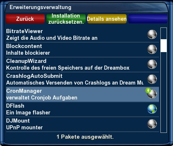 Dreambox DM7025+ - Hauptmenü - Erweiterungen - Plugin Browser - Erweiterungsverwaltung - System - CronManager - Auswahl