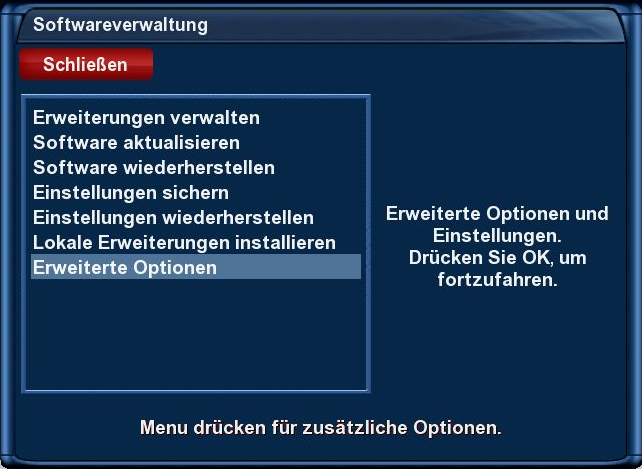 Dreambox DM 7025+ - Hauptmenü - Einstellungen - Softwareverwaltung - Erweiterte Optionen