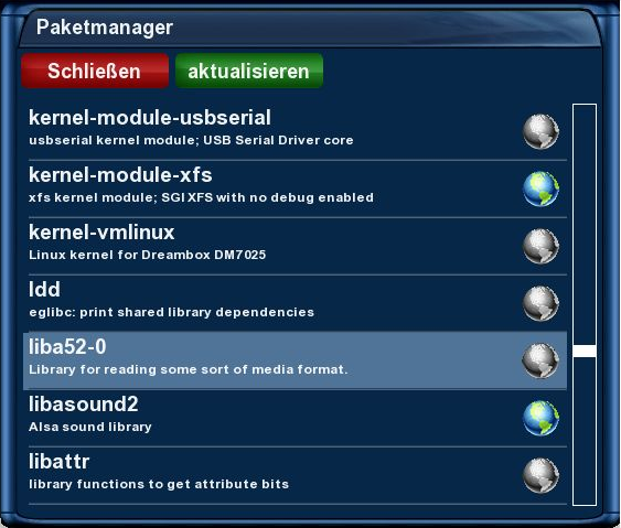 Dreambox DM 7025+ - Hauptmenü - Einstellungen - Softwareverwaltung - Erweiterte Optionen - Paketverwaltung - Paketmanager - liba52-0