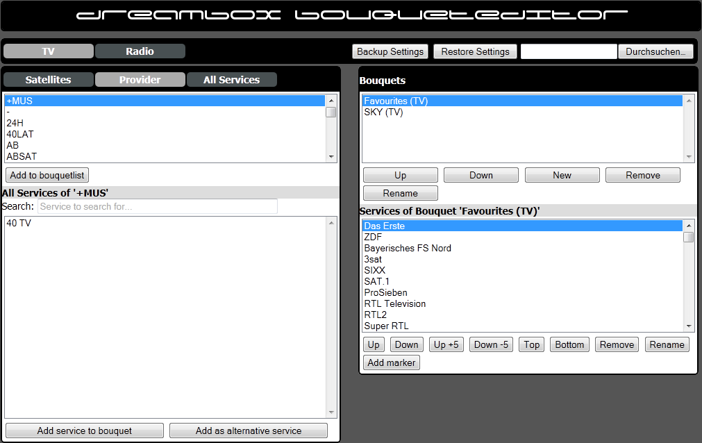 Dreambox DM 7025+ - Webinterface - Extras - BouquetEditor - Dreambox Bouqueteditor