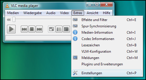 VLC media player - Hauptbildschirm - Extras - Einstellungen