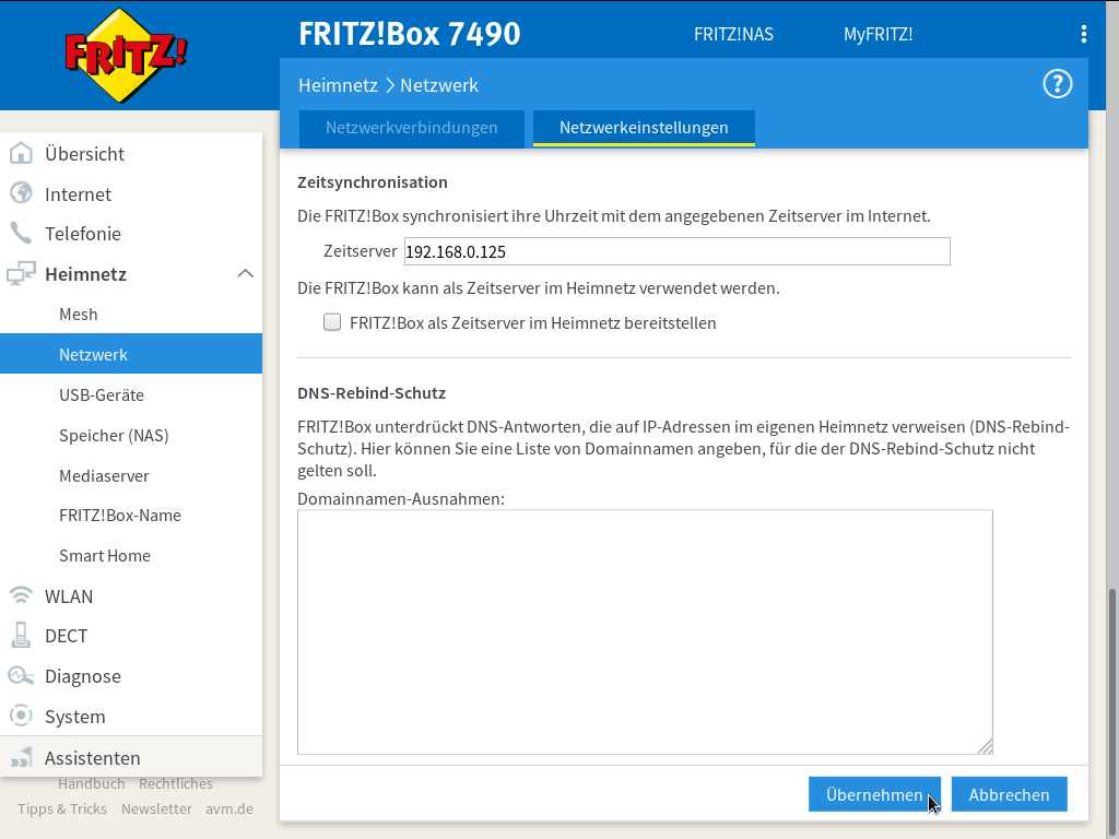 FRITZ!Box - Heimnetz - Netzwerk - Netzwerkeinstellungen - Zeitsynchronisation - Übernehmen