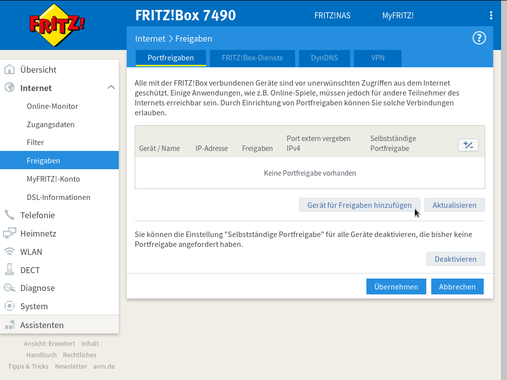 FRITZ!Box - Internet - Freigaben - Portfreigaben - Es besteht keine DSL-Verbindung