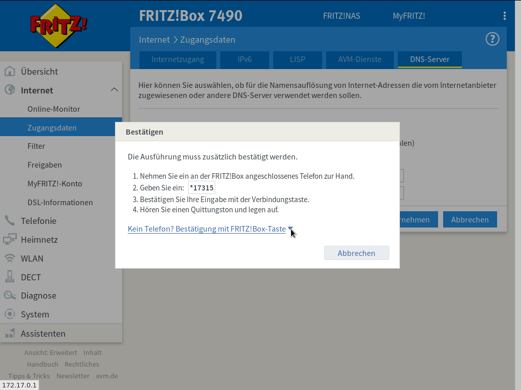 FRITZ!Box - Internet - Zugangsdaten - DNS-Server - DNSv4-Server - Andere DNSv4-Server verwenden - Popup klein