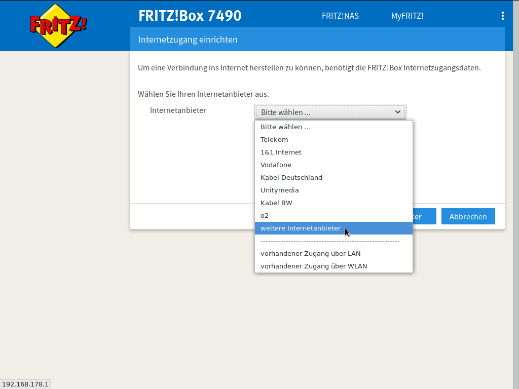 FRITZ!Box - Internetzugang einrichten - Internetanbieter - weitere Internetanbieter