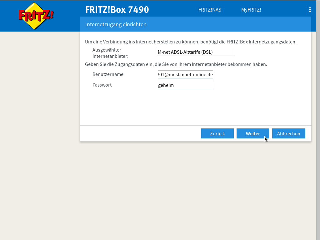 FRITZ!Box - Internetzugang einrichten - Internetanbieter - weitere Internetanbieter - M-net - DSL - Benutzername und Passwort
