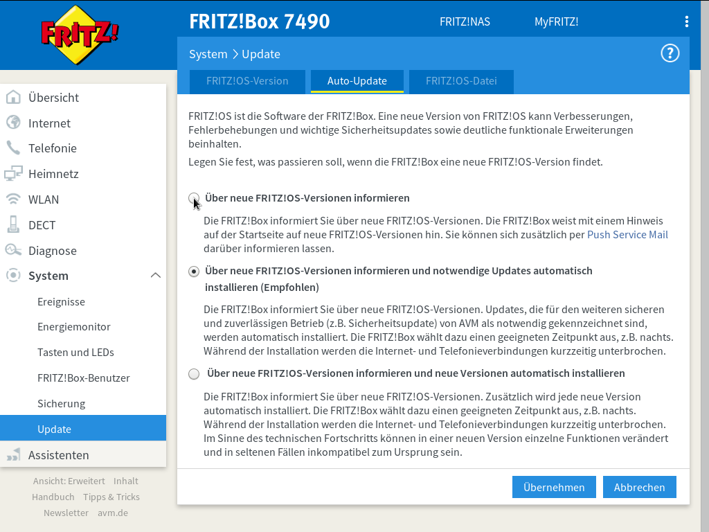 FRITZ!OS - System - Update - Auto-Update
