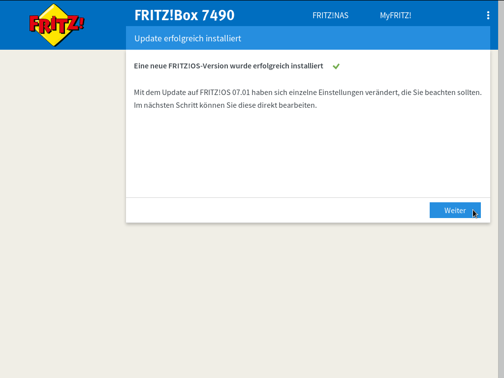 FRITZ!OS - System - Update - Auto-Update - Update starten - Update erfolgreich installiert