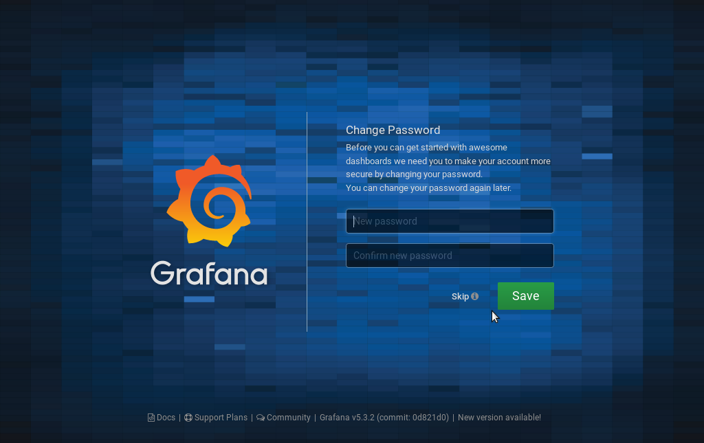 Grafana - Erster Anmeldebildschirm - Aufforderung das Standard Passwort zu ändern