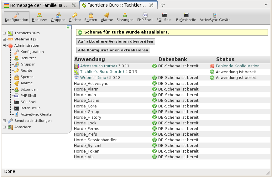 Horde4 - Turba - Administration - Konfiguration - DB-Schema aktualisieren - Fertig