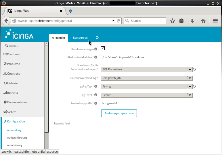 Icinga Web 2 - Dashboard - Menüpunkt - Konfiguration - Anwendung - Auswahl: Ressourcen