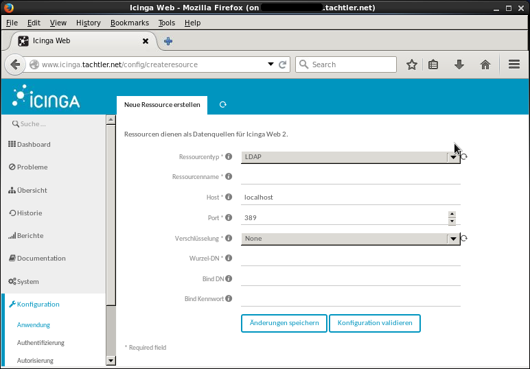 Icinga Web 2 - Dashboard - Menüpunkt - Konfiguration - Anwendung - Ressourcen - Neue Ressource erstellen - LDAP