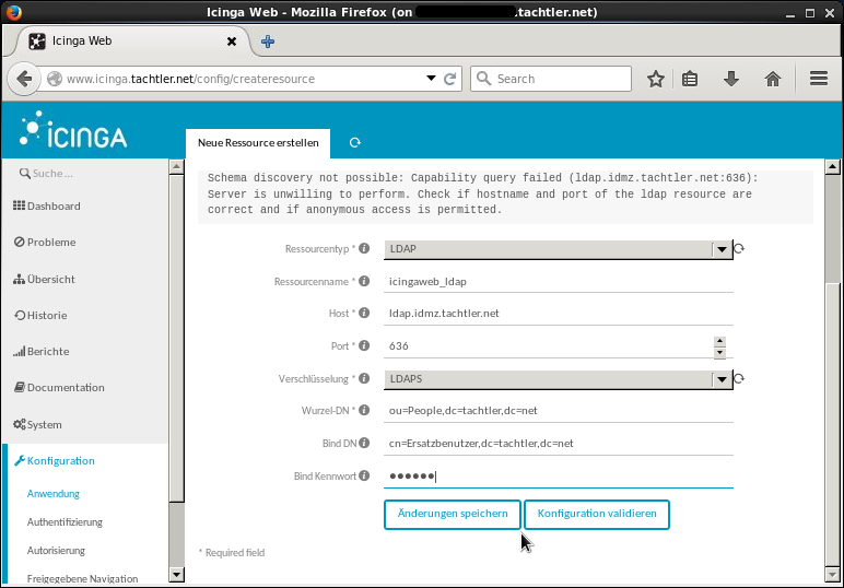 Icinga Web 2 - Dashboard - Menüpunkt - Konfiguration - Anwendung - Ressourcen - Neue Ressource erstellen - LDAP - Änderungen speichern