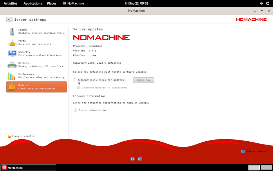 
NoMachine (Server) Service - Server settings - Server updates - disable updates