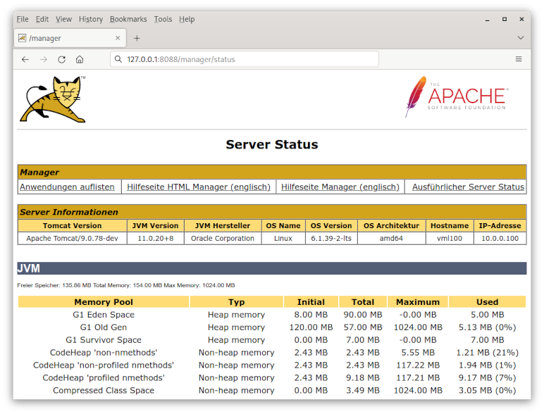Apache Tomcat Applikation-Server - Server-Status-Web-Anwendung