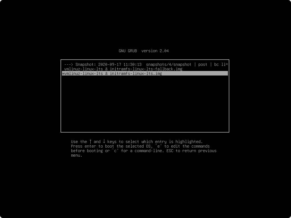 Neustart GRUB - Arch Linux snapshots - Kernel Auswahl