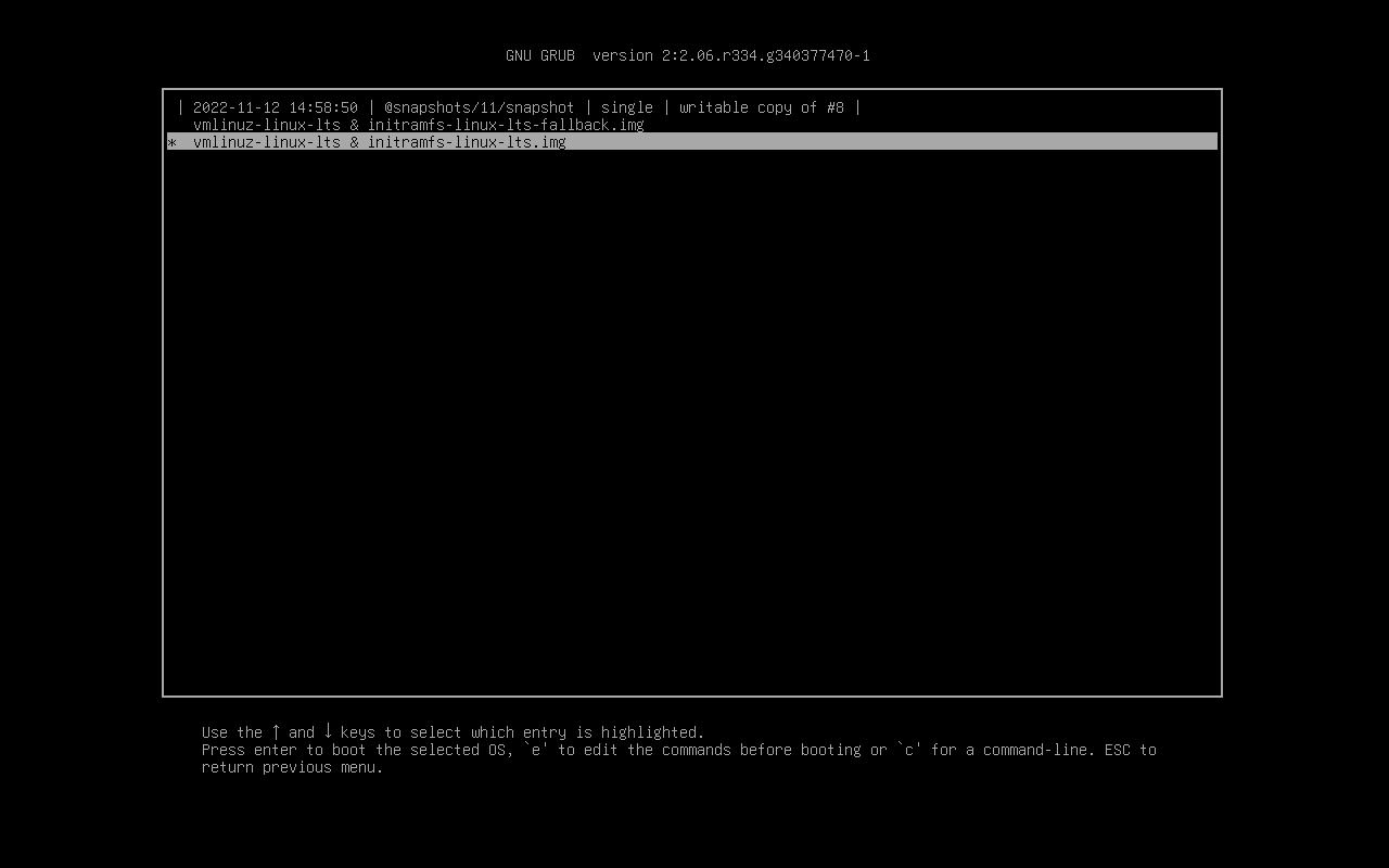 Archlinux - Install - UEFI-Boot with Snapshot - Arch Linux snapshots menu entry