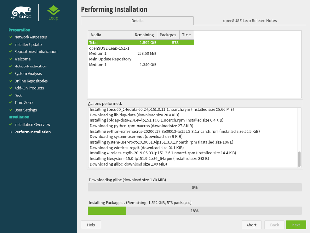 openSUSE Leap 15.1 - DVD - Installation - Fortschrittsanzeige