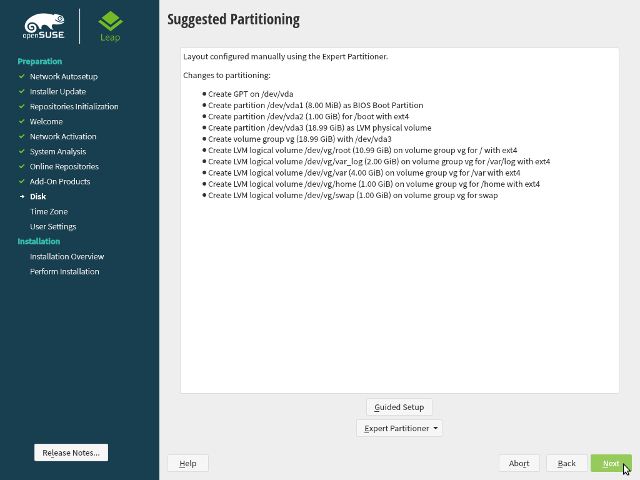 openSUSE Leap 15.1 - DVD - Abschluss Expertenpartitionierung