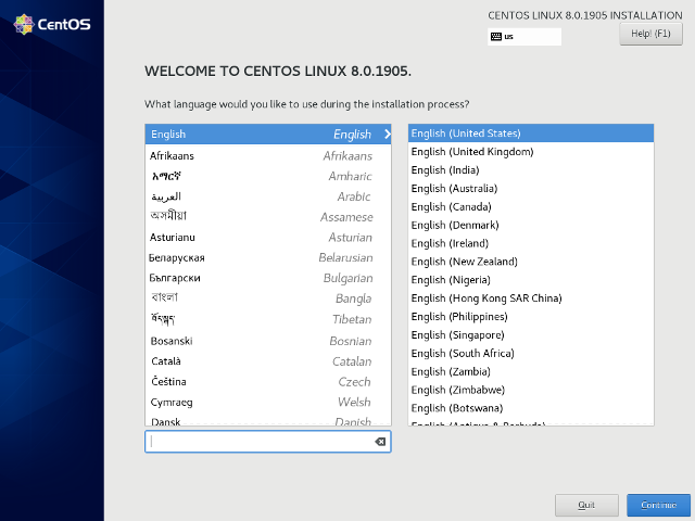 CentOS 8 - DVD - System Sprachauswahl
