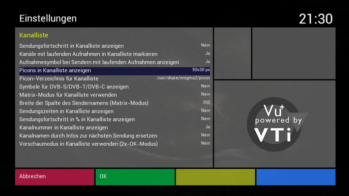 Vu+ Duo² - Hauptmenü - VTi - Einstellungen - Kanalliste - Picons in Kanalliste anzeigen