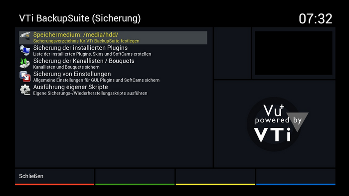 Vu+ Duo² - Hauptmenü - VTi Panel - VTi Software-Werkzeuge - VTi BackupSuite (Sicherung) - Speichermedium /media/hdd
