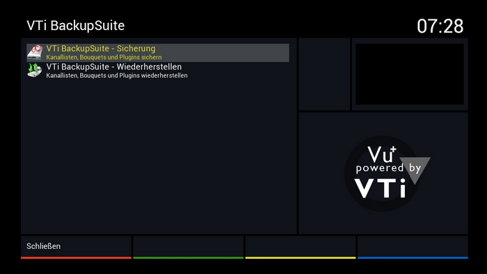 Vu+ Duo² - Hauptmenü - VTi Panel - VTi Software-Werkzeuge - VTi BackupSuite - Sicherung