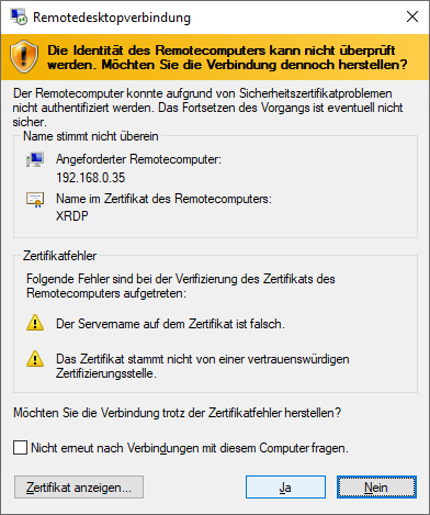 Microsoft™ Remote Desktop Client - Verbindung - Zertifikatshinweis